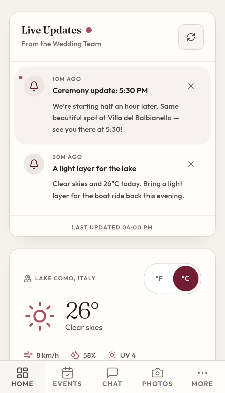 Wedding updates in the guest app