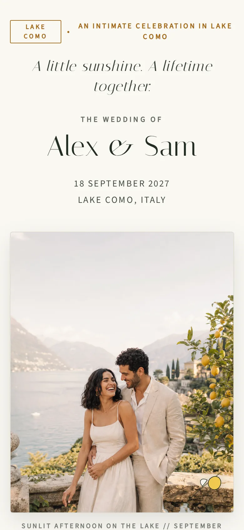 Sunlit and understated wedding website on a phone